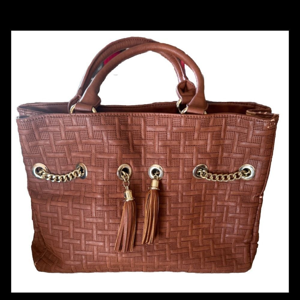 Big Buddha Top Handle Basketweave Texture Brown Boho Tassel Tote Bag